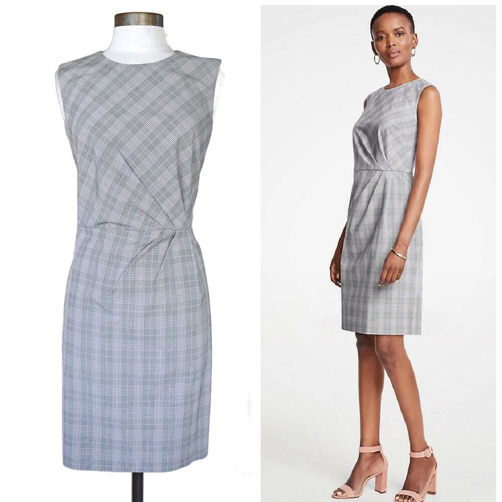 ANN TAYLOR Glen Plaid Ruched Sleeveless Sheath Dress Size 8 Workwear Black Pink